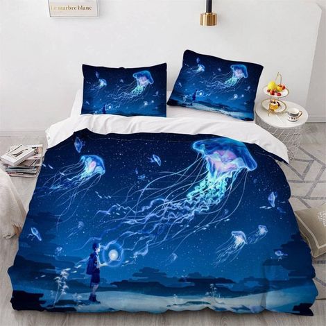 Housse de Couette 140x200 Enfant Méduse Parure de Lit 1 Personne Microfibre Housse de Couette Anime 3D Imprimé Literie Set 3 Pièces avec Fermeture Éclair - 140x200+2x50x75 (1/5)
