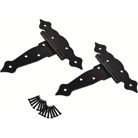 Bisagras de hierro forjado negro, juego de 2 – Correa en T reforzada de 15 cm para puertas de granero, cobertizos o vallas – Fijación robusta