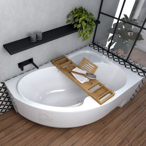 ECOLAM Baignoire d'angle Wela 170x100 cm droite + tablier en acrylique  Planche en bambou  Pieds siphon + silicone  Set complet