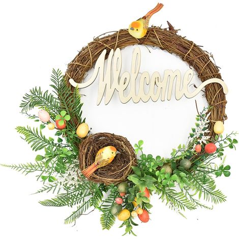 Couronne de Pâques, nid d'oiseau avec œufs, feuilles vertes, décoration rustique à suspendre à la porte (1/5)