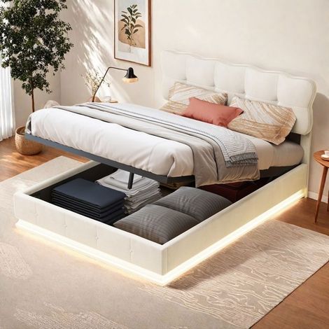 Bett mit Bettkasten 140x190 cm - Doppelbett für Erwachsene - Bettgestell - Bett für 2 Personen - Hydraulisch - Beiges Samtgewebe - Integrierte LED
