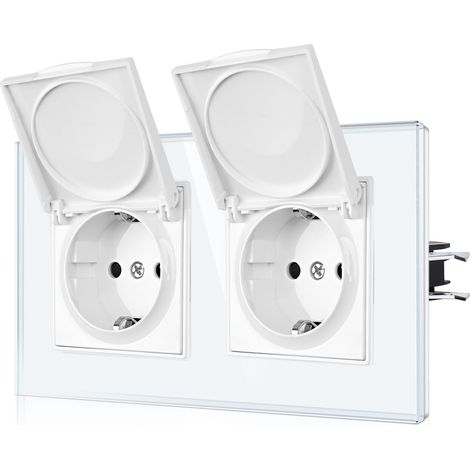 Double prise Schuko étanche avec couvercle - Prise Schuko avec griffes - Double prise murale avec plaque en verre - Standard UE - Prise encastrée avec couvercle à charnière - 2 prises - Blanc (1/5)