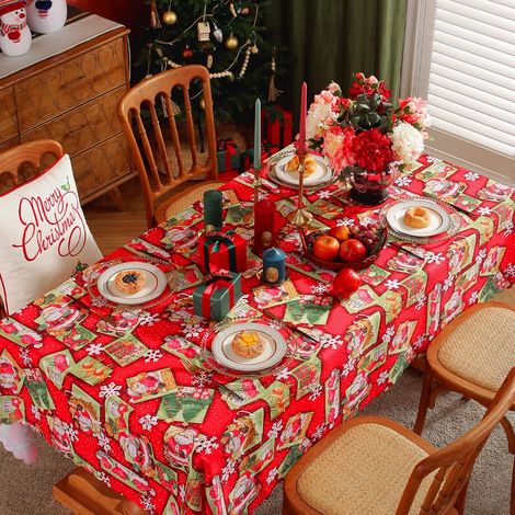 Nappe de Noël Anti Tâches Rouge - Taille : Rectangulaire 180x150cm - Père Noël / Sapin de Noël / Fleur de Noël - Nappe de Noel pour Intérieur ou Extérieur - Table à Manger, Cuisine ou Jardin