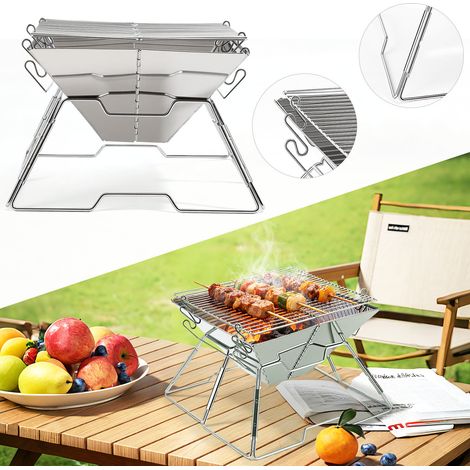 Jiubiaz Barbecue pieghevole da esterno in acciaio inossidabile resistente al calore portatile da campeggio con borsa per il trasporto 31x31x21 cm