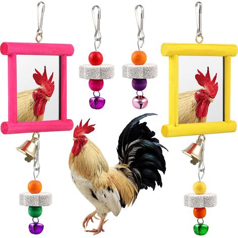 Lot de 2 miroirs jouets pour poules, balançoire suspendue avec clochette et jouet à picorer en bois + 4 pierres à limer le bec, fournitures d’enrichissement interactif pour poules, perruches, perroque (1/5)