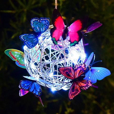 Lampe solaire suspendue papillon pour jardin avec papillons colorés, lanterne solaire LED en métal étanche IP65
