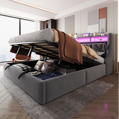 Cama canapé 180x200 cm con almacenamiento hidráulico, LED, USB y Type-C, cabecero abatible, terciopelo - gris (1/5)