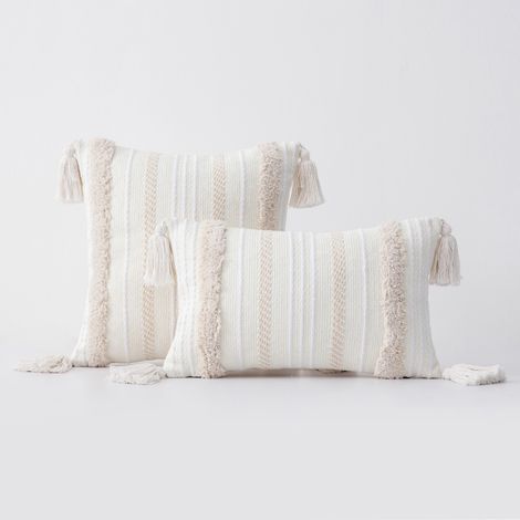 Lot de 2 Boho Housse de Coussin, Décoratives Doux Taies d'oreiller 30x50cm avec Tufted Tassel Coussin Décoration D'intérieur Housse Coussins pour Canapé Lit Chaise Chambre Salon, Beige (1/4)