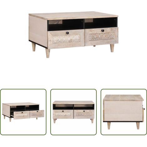 Couchtisch mit Schublade - Couchtisch mit Regal Weiß 80 x 54 x 40 cm Massivholz Akazie (1/5)