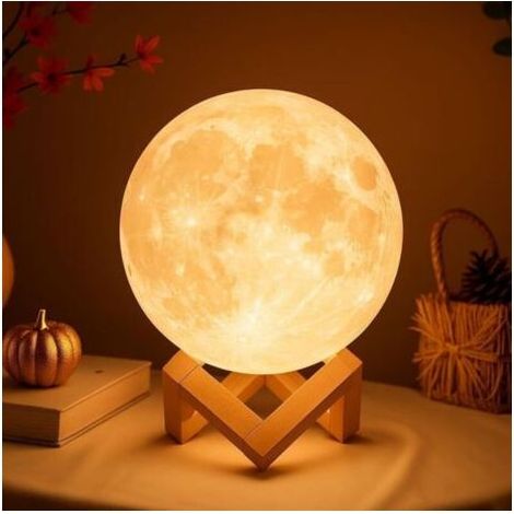 Veilleuse en forme de lune, jaune, 12 cm, lampe de chevet rechargeable, motif lune et ciel étoilé. (1/5)