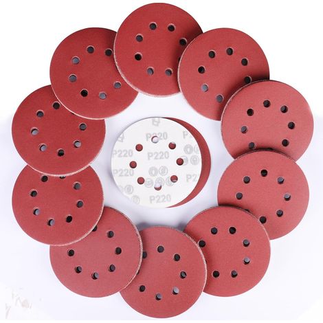 100 Pièces Rond Disques Abrasifs à Grain 220, 125 mm Disque de Ponçage à 8 Trous de Différentes Tailles Papier Poncer pour Ponceuse Excentrique