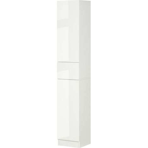 Meuble colonne rangement salle de bain style contemporain 2 placards 3 étagères et 1 tiroir coulissant panneaux particules brillant dim. 30l x 28P x 170H cm blanc laqué
