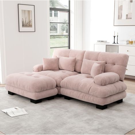 Sofá esquinero modular de chenilla rosa con otomanas, 220 x 145 x 81 cm DESVIAE (1/5)