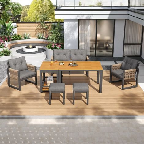 Salon de Jardin Moderne avec Table et Coussins - Cadre Métal, Accoudoirs Tressés (1/5)