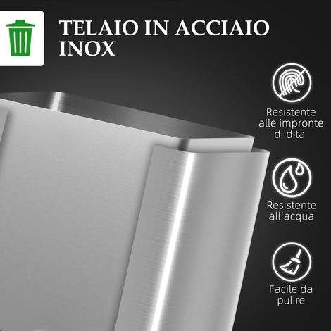 Poubelle silencieuse 2 bacs 15L, couvercle acier inoxydable et PP, dimensions 40x34.8x47.5 cm, avec pédale