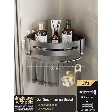 (JS45gris triangleB) Étagère murale en aluminium pour salle de bain, rangement pour shampoing, organisateur de cuisine, sans perçage nécessaire. (1/5)