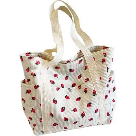Sac À Bandoulière Pliable - Sac En Corde - Imprimé Fraises - Pour Femme - Léger Et Spacieux - Usage Multifonctionnel - 39x33x9 cm - Blanc