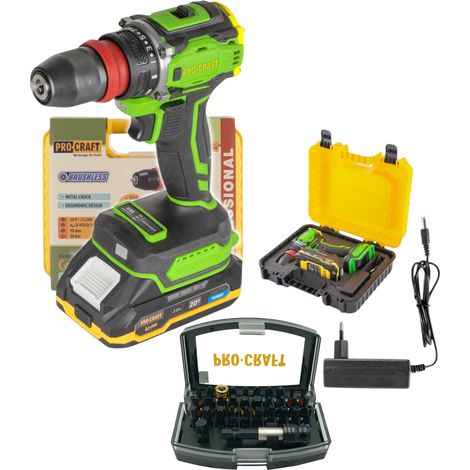 Procraft PA18PRO DFR-1B-C Akku Bohrschrauber 20 V 30 Nm Brushless + 1x Akku 2,0 Ah + Ladegerät + 32 tlg. Bit Set + Koffer