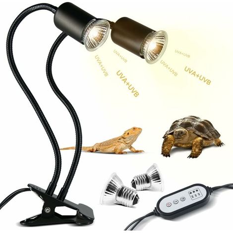 Lampe Chauffante Double Tête pour Tortue, 25W+50W Reptile, Éclairage E27 UVA+UVB avec 2 Ampoules Chaleur et Minuterie, Convient aux Tortues Lézards Serpents (1/5)