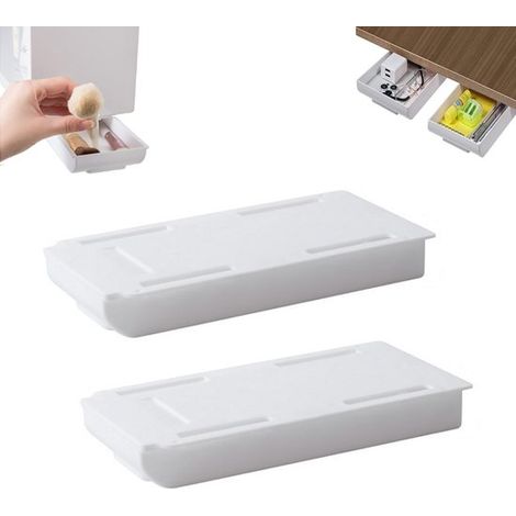 Lot de 2 organiseurs de bureau - Organiseur de tiroir sous bureau - Tiroirs auto-adhésifs - Tiroir de bureau dissimulé - 22 x 11 cm, blanc - pour crayons et fournitures scolaires, accessoire de rangem (1/5)