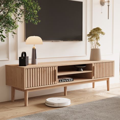 Mobile TV per TV sotto i 65 pollici, mobile TV in stile pastorale, 2 ante e 2 ripiani, credenza bassa per TV, mobile TV per il soggiorno, color legno, 150 x 40 x 48 cm (1/5)