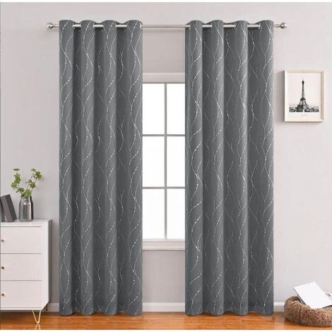 Lot de 2 Rideaux Occultants Isolant Thermique Anti Froid pour Enfant Gris Foncé 140x220cm Rideaux à Oeillets Imprimés Argents