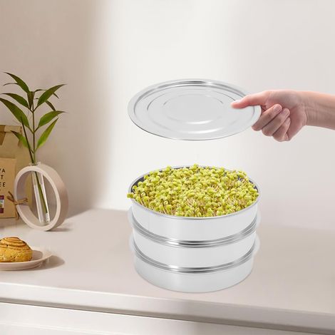 Keimschalen für Sprossen aus Edelstahl, 2 -Stufige Keimsprossenbox zur Anzucht von Keimsprossen, Kresse Anzuchtschalen, Sprossen Anzuchtschale mit Netz, Deckel und Wassertablett
