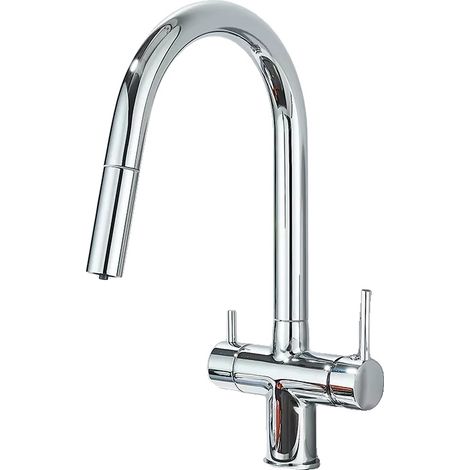 Grifo de cocina con rociador extraíble, diseño de doble manija, cromado. (1/2)