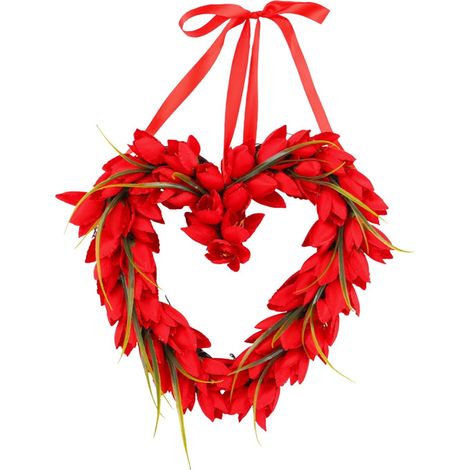Guirlande Cœur - Décoration Murale et Porte pour Saint-Valentin - 37 cm - Fleur Artificielle en Tulipe Rouge - Ruban Satin - 1 Pièce (1/5)