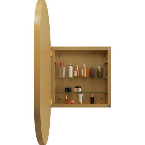Stylish Oval Mirror Cabinet, Recessed Medicine Cabinet, Wall Cabinet with Metal Framed, Mirror and Adjustable Shelves, Mirror Cabinet with Storage for Bathroom, Living Room and Bedroom, Gold (1/5)