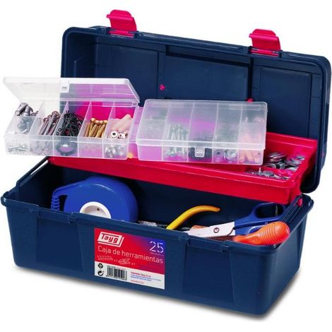 TAYG caja herramientas plastico n.25-40x19 , Caja azul de Herramientas Plástico nº25 con bandeja roja y estuche.
- Tamaño: 400 x 206 x 188 mm.
- Color: Azul.
- Color bandeja: Roja.