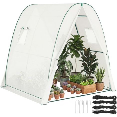 Serre voûtée avec sacs de sable et bâche plastique, 2 portes enroulables, fenêtres en filet, portable, 1,8 x 1,8 x 2 m, blanche