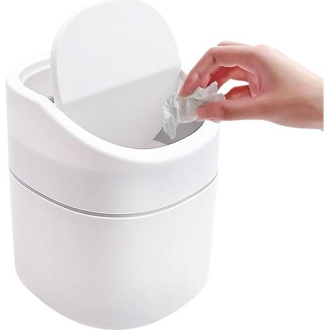 Mini poubelle avec couvercle basculant - Hauteur : 16 cm - Réduit les odeurs - Blanche - Compacte - Pour table et bureau (1/5)