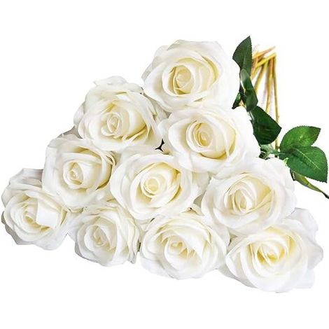 Blanc Lot de 10 Roses artificielles en Soie pour Arrangement de Mariage, fête, décoration de la Maison (1/5)