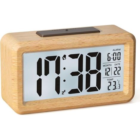 Digitaler Wecker, batteriebetriebener Holzwecker mit großem LCD-Display, Datumsanzeige, Temperaturanzeige, automatischem Lichtsensor und Schlummerfunktion (1/5)