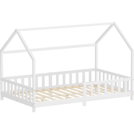 ML-Design Letto a Casetta per Bambini 120x200 cm con Protezione Anticaduta, Tetto e Rete a Doghe, Bianco, Letto a Terra Montessori in Legno Massello di Pino, Letto Singolo per Cameretta