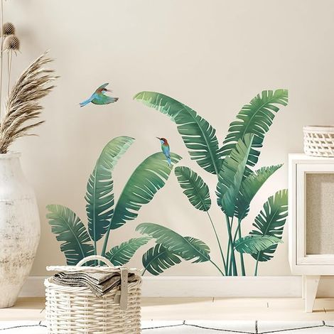 Tropical Plant Wall Stickers Green Palm Leaf Wall Decal Nature Plants Wall Sticker for Living Rooms Bedrooms Offices Sofa Background Wall Decor