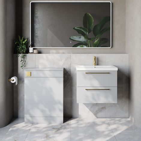 Napoli 390 Cento Gloss Grey Pearl 1200mm Wall Mounted 2 Drawer Vanity Unit and Toilet Suite with Glide Basin - 1200mm - Brushed Brass 320mm HandleWithout Kingston Toilet Pan