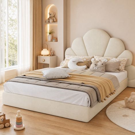 Letto matrimoniale imbottito 205x187.5x103 cm, testiera floreale, design moderno, velluto, beige (1/5)