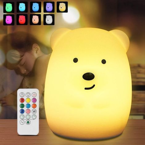 Veilleuse bébé,veilleuse enfant silicone USB LED veilleuse lampe de chevet enfants lampe de nuit tactile dimmable avec télécommande 9 couleurs lumière d'ambiance recharge USB pour chambre d'enfant (1/5)