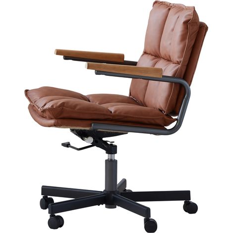 Ergonomischer Bürostuhl aus braunem Kunstleder mit Rollen und Armlehnen aus Eiche (1/5)