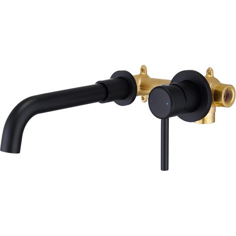 Mitigeur Lavabo Noir 2 Trous Robinet Mural Encastré En Laiton Eau Chaude Et Froide Pour Salle De Bain (1/5)