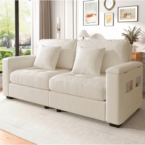 Sofá 2 plazas con almacenaje chenilla beige OKMYHOME
