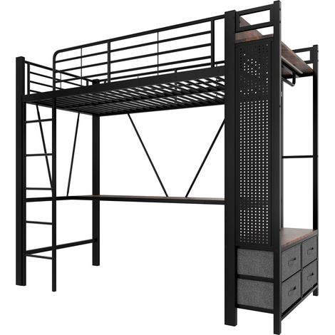 Metall-Hochbett 90 x 200 cm mit Schreibtisch, Stauraum, LED, schwarz (1/5)