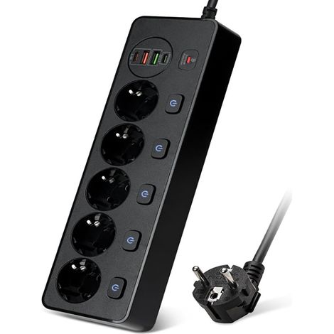 Multiprise 5 Prise et 2 Ports USB 2 TypeC,multiprise USB Recharge Rapide PD20W,Rallonge Multiprise 2M,Protection Contre Les Surcharges de Courant (1/5)