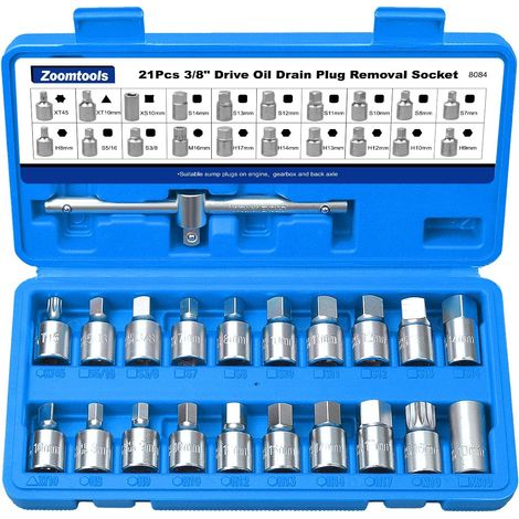 Set di 21 bussole professionali per tappo di scarico dell'olio, 3/8", 5/16", strumento per la rimozione del tappo di scarico dell'olio, design a scatto con custodia, CR-V (1/5)