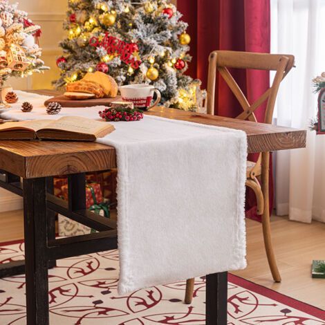 Chemin De Table Noel, 35x180cm Chemin De Table Fourrure Blanc, Chemin De Table Blanc Fourrure, Chemin De Table en Fausse Fourrure pour Halloween Mariage Noël Décorer Table À Manger La Fenêtre (1/5)