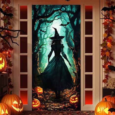 Décoration de porte effrayante pour Halloween - Bannière extérieure à suspendre - 90 x 180 cm (perforée + ruban) - 7