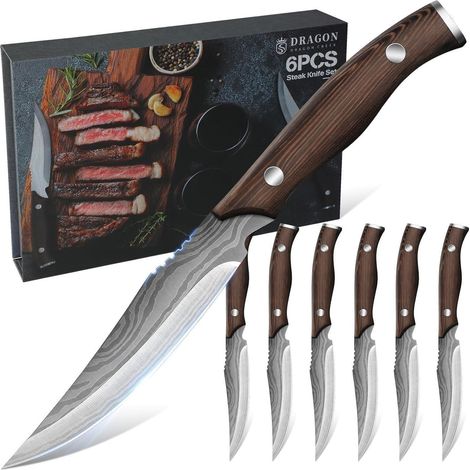 6-teiliges Steakmesser-Set mit Holzgriff, scharfe Klingen aus Edelstahl, Geschenkbox (1/5)