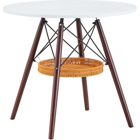 Table à manger ronde Ø80 cm avec plateau MDF blanc et pieds en bois massif noyer (1/5)